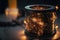 a close up of a wire wrapped around a candle holder with a string of lights in the background and a candle lit up