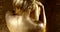 Close-up of a woman back. The body is covered with gold paint and sit in water with metal mud. Art concept of pollution