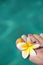 Close up on woman bare foot with frangipani flower, turquoise water