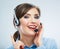 Close Up Woman call center operator. Smiling busin