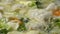 Close up of a woman cooking vegetables and dumplings soup