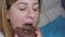 Close - Up Woman Eating Fat Sweet Chocolate Donut, Overeating And Overweight 4k