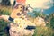 Close up of a woman foot in a hiking shoe and a bunch od daisies on a mountain trail