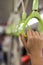 Close up of a woman hand grabbing a handle inside the metro of Singapore