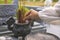 close-up of a woman hand holding incense. Concept of spiritual and religious