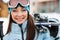 Close up of woman handing skis