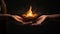 Close up of woman hands holding burning diwali diya on dark background Generative AI