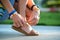 Close up of woman hands tying her open summer sandals shoes on sidewalk in sunny weather