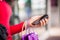 Close-up of woman holding cell phone