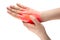 Close up woman holding her wrist symptomatic Office Syndrome. Woman with painful wrist. Carpal tunnel syndrome, arthritis,