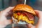 Close up woman holding taste cheeseburger with bacon. Gourmet burger, Fastfood