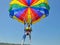 Close up of woman parasailing in clear blue sky