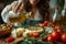 Close-up of woman pouring olive oil over sheep cheese on plate
