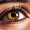 Close-up of woman\\\'s brown eye with black long eyelashes. Black mascara cosmetic concept.