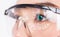 Close-up of woman\'s eye. High technologies in the futuristic.