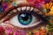 Close-up of a woman\\\'s eye in multi colored flowers. Generative AI technology