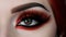 a close up of a woman\\\'s eye with red and black makeup