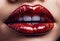 Close-up of woman\\\'s gentle lips painted with cherry color lipstick