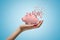 Close-up of woman`s hand facing up and holding cute pink piggy bank that has started to disintegrate into pieces on