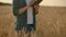 Close-up of woman`s hand running through organic wheat field, steadicam shot. Slow motion. Girl`s hand touching wheat