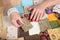 Close up of woman\'s hand sewing patchwork