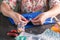 Close-up of woman\'s hand stitching quilting