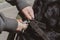 Close-up of a woman`s hands fastening an unbreakable carabiner t