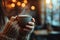 Close-up of a woman\\\'s hands holding a steaming espresso cup, Generated AI