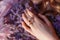 Close up a woman& x27;s hands on the lavender flowers