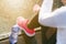 Close up of womanÂ´s sports shoes. Young woman have a rest on stairs. Healthy lifestyle. Fitness sport. Cardio training.