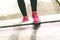 Close up of womanÂ´s sports shoes. Young woman running up stairs. Healthy lifestyle. Fitness sport. Cardio training