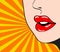 Close up woman`s talking, red lips on bright striped backgr