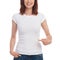 Close Up Of Woman`s Torso In White T-shirt And Pointing Hand