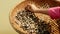 Close-up on woman sorting river clams out from rocks in a bamboo basket