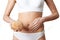 Close Up Of Woman Wearing Underwear Holding Bread Roll And Touch