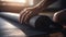 Close up of a womans hands is rolling up exercise mat and preparing to doing yoga. She is exercising on floor mat in morning