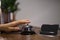 Close up women call hotel reception on counter desk with finger push a bell in lobby hotel. hotel concept