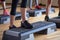 Close up of women exercising with steppers in gym