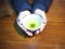Close up wonan hand holding white cup of hot  Japanese green tea