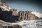 Close up of wonderful snowy rocky mountain range peaks in dolomites, in sunset and blue sky, italy