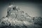 Close up of wonderful snowy rocky mountain tre cime di lavaredo in black and white, view from monte piana, dolomites, italy