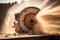 Close up wood circular saw sawing wood with flying chips and dust in warm light