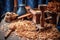 close-up of wood shavings and carpentry tools