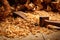 close-up of wood shavings and carpentry tools