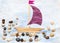 Close up. Wooden boat sailing in the sea. Creative activities with children 4-5 years old. Children`s applique made of colored