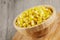 Close up of a wooden bowl of delicious Sweet Corn