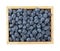 Close up wooden box of fresh blueberries