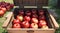 a close up of a wooden crate filled with red apples