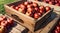 a close up of a wooden crate filled with red apples