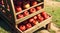 a close up of a wooden crate filled with red apples